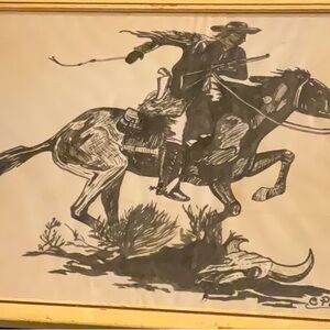 WESTERN THEMED ETCHING OF COWBOY AND HORSE. SIGNED BY ARTIST